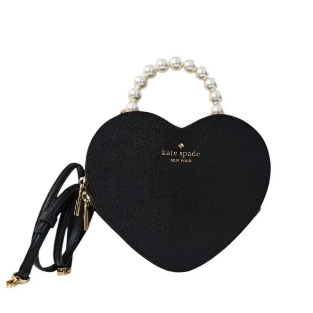 NWT Kate Spade KF516 Love Shack Heart Pearl Crossbody Purse Black Leather $389 - Picture 5 of 7